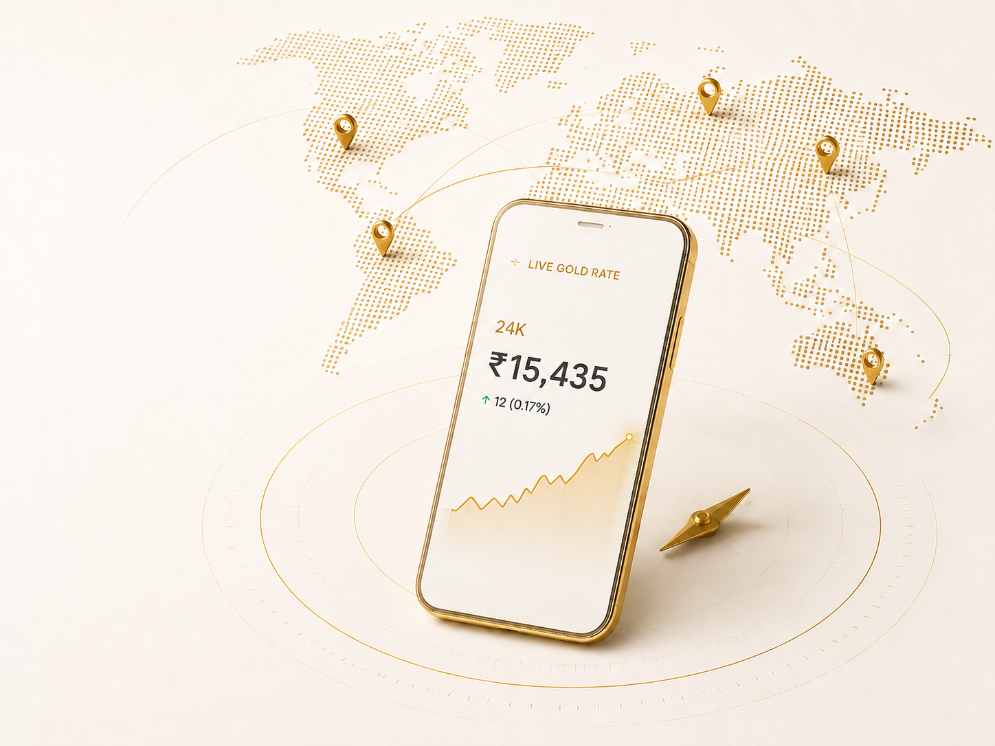 Live gold rate shown on a gold-framed phone with a global market map