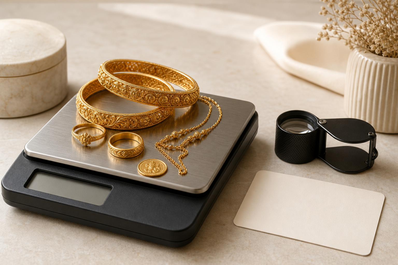 Gold jewellery being professionally weighed and evaluated